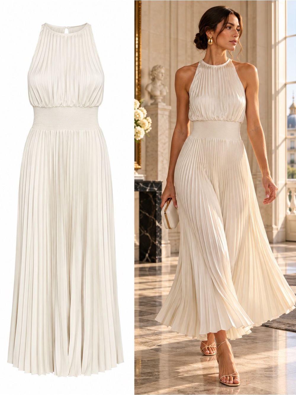 Aritzia Babaton Intellect Pleated Satin Midi Maxi Dress Matte Pearl Size XS NWOT